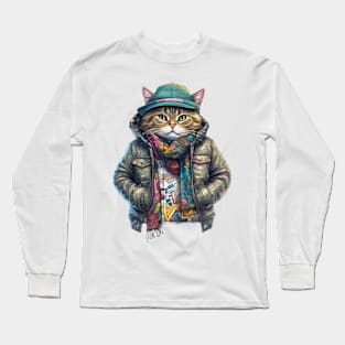 cute street cat wearing a jacket and hat Long Sleeve T-Shirt